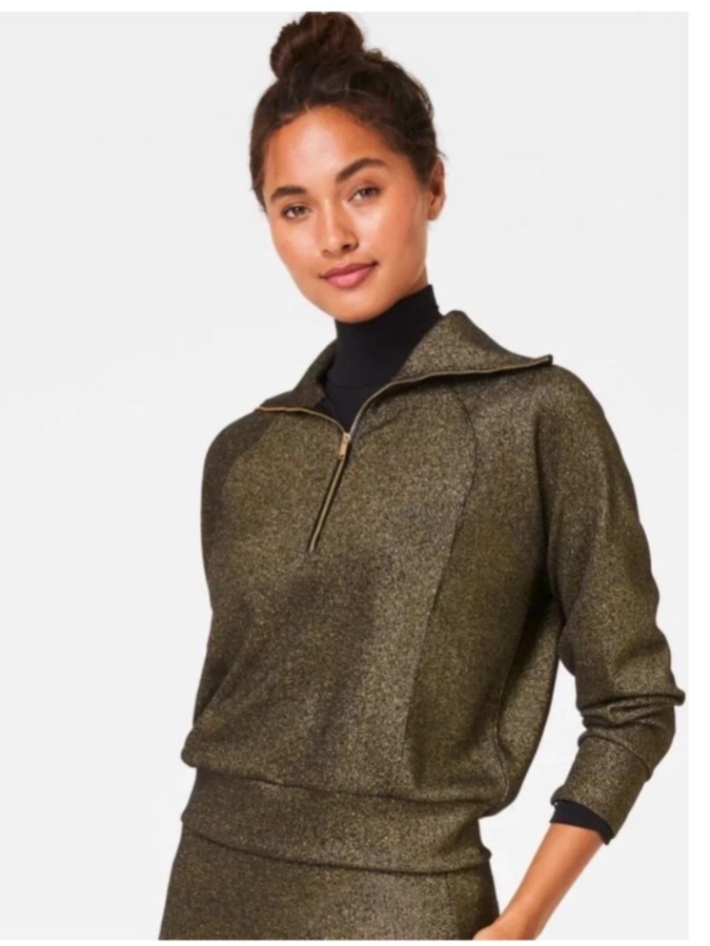 SPANX AirEssentials Shine Half Zip Pullover Black Gold Size Small